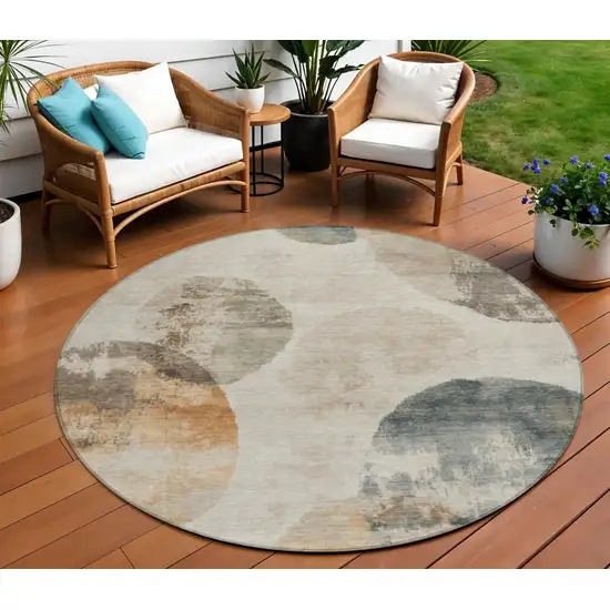 8' Beige Khaki And Ivory Round Abstract Washable Indoor Outdoor Area Rug Photo 1