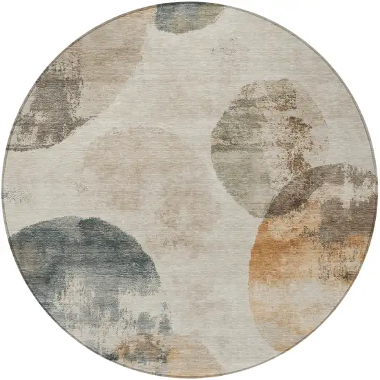 8' Beige Khaki And Ivory Round Abstract Washable Indoor Outdoor Area Rug Photo 4