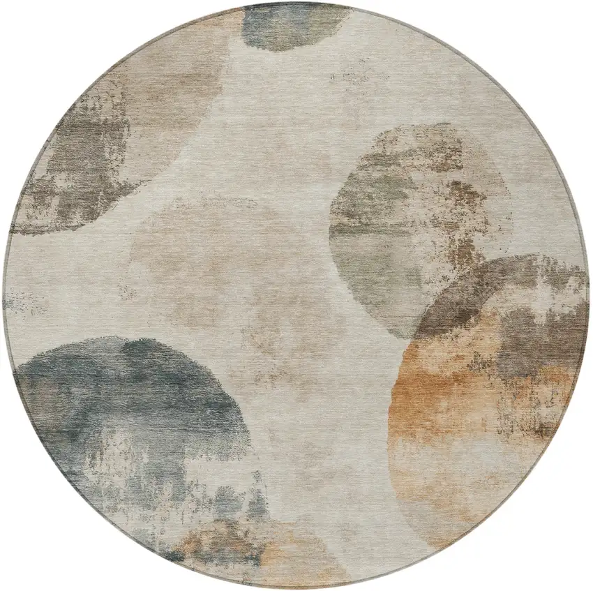 8' Beige Khaki And Ivory Round Abstract Washable Indoor Outdoor Area Rug Photo 4