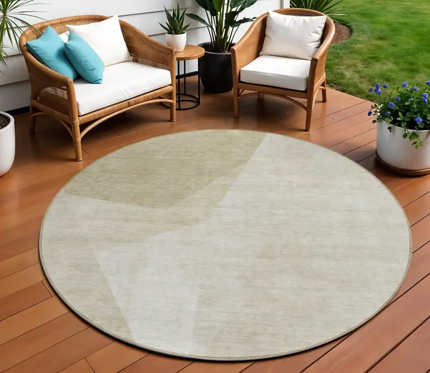 8' Beige Khaki And Taupe Round Abstract Washable Indoor Outdoor Area Rug Photo 1