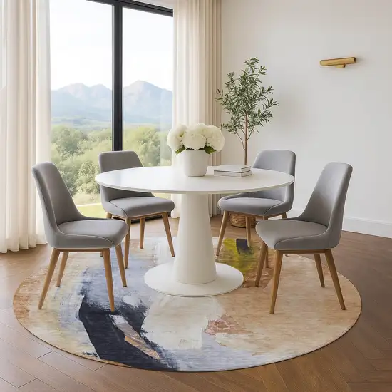 8' Beige Lavender And Ivory Abstract Washable Round Rug With UV Protection Photo 5