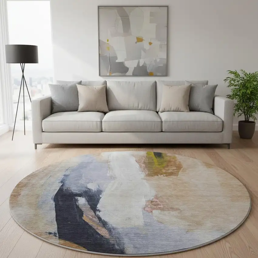 8' Beige Lavender And Ivory Abstract Washable Round Rug With UV Protection Photo 2