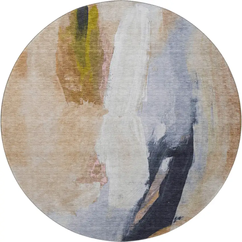 8' Beige Lavender And Ivory Abstract Washable Round Rug With UV Protection Photo 4
