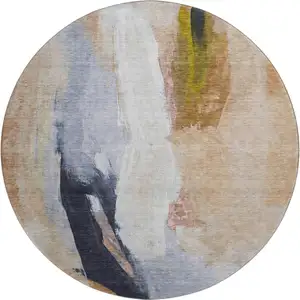 Photo of 8' Beige Lavender And Ivory Abstract Washable Round Rug With UV Protection