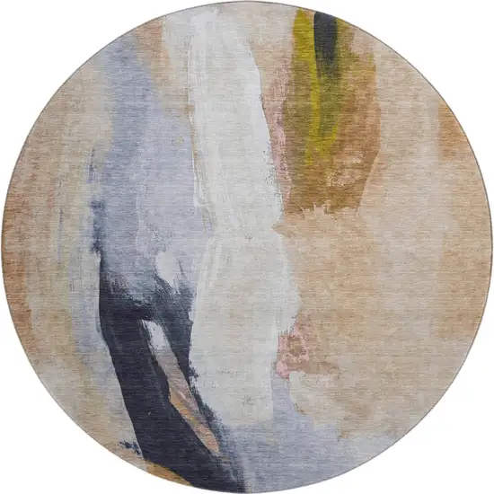 8' Beige Lavender And Ivory Abstract Washable Round Rug With UV Protection Photo 1