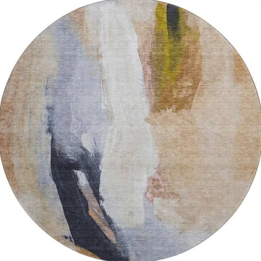 8' Beige Lavender And Ivory Abstract Washable Round Rug With UV Protection Photo 3