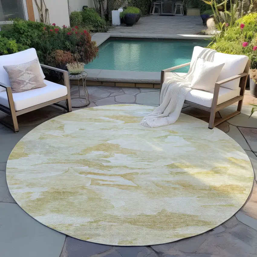 8' Beige Light Green And Brown Round Abstract Washable Indoor Outdoor Area Rug Photo 6