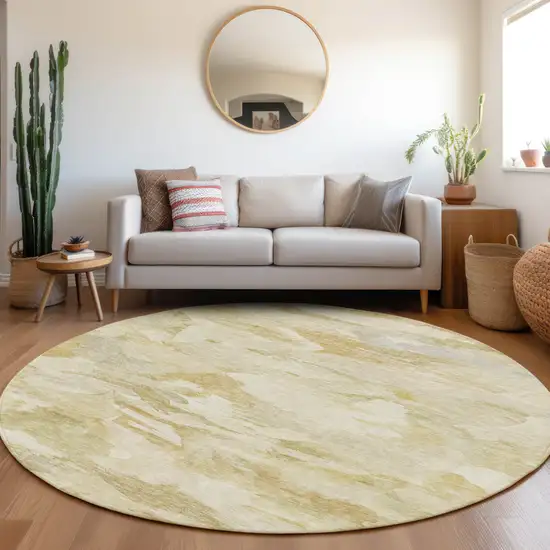 8' Beige Light Green And Brown Round Abstract Washable Indoor Outdoor Area Rug Photo 7
