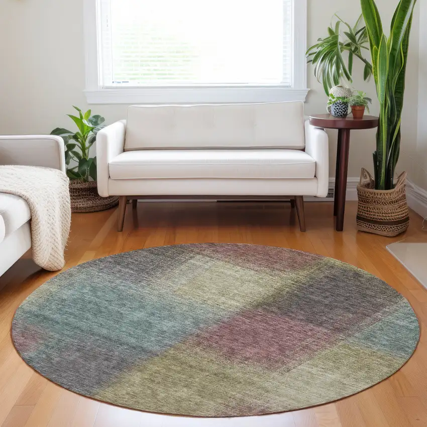 8' Beige Mauve And Brown Abstract Washable Round Rug With UV Protection Photo 5
