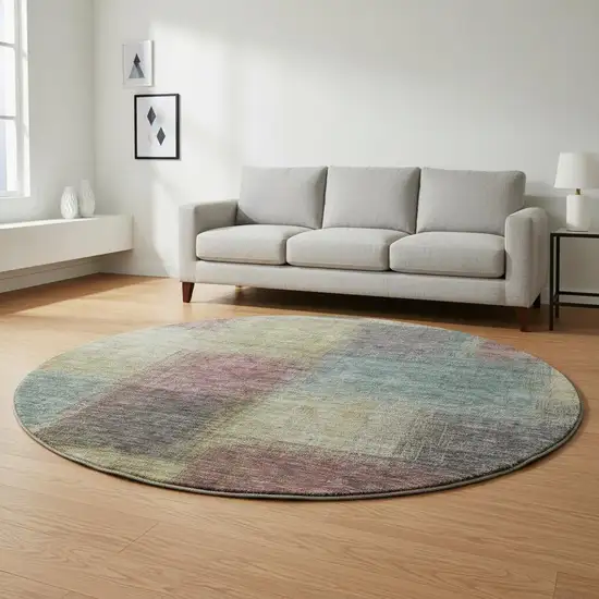 8' Beige Mauve And Brown Abstract Washable Round Rug With UV Protection Photo 2