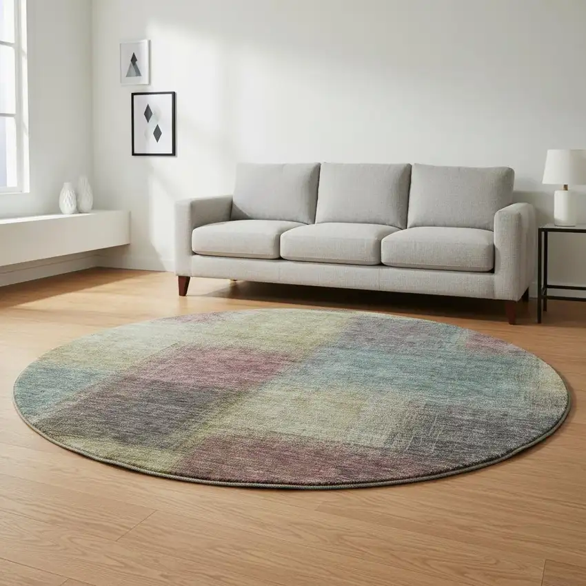 8' Beige Mauve And Brown Abstract Washable Round Rug With UV Protection Photo 2