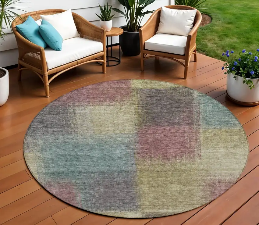 8' Beige Mauve And Brown Round Abstract Washable Indoor Outdoor Area Rug Photo 1