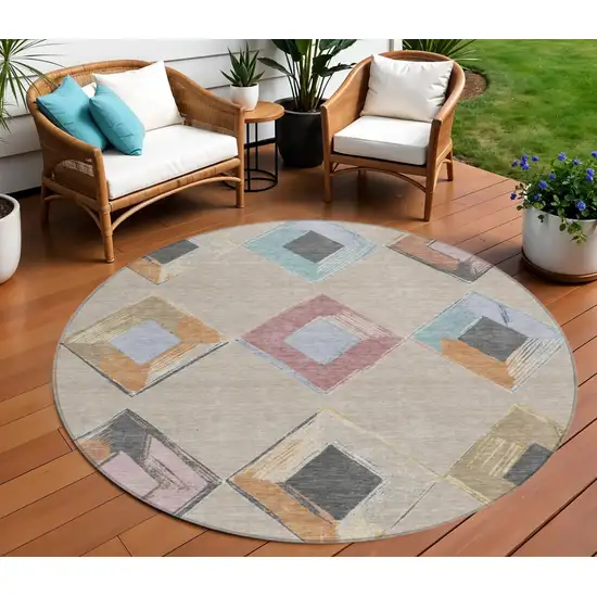 8' Beige Mauve And Charcoal Round Geometric Washable Indoor Outdoor Area Rug Photo 2