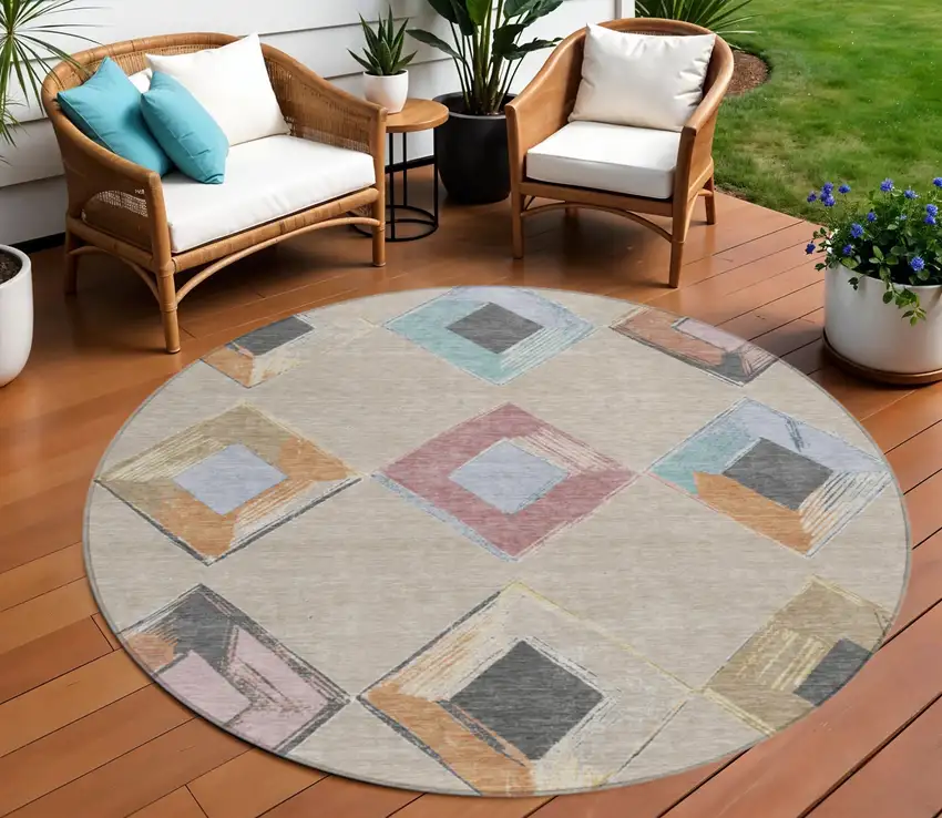 8' Beige Mauve And Charcoal Round Geometric Washable Indoor Outdoor Area Rug Photo 2