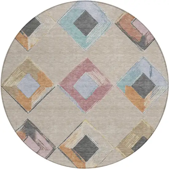 8' Beige Mauve And Charcoal Round Geometric Washable Indoor Outdoor Area Rug Photo 1