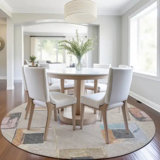 8' Beige Mauve And Charcoal Round Geometric Washable Indoor Outdoor Area Rug Photo 8