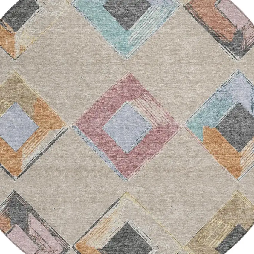 8' Beige Mauve And Charcoal Round Geometric Washable Indoor Outdoor Area Rug Photo 4