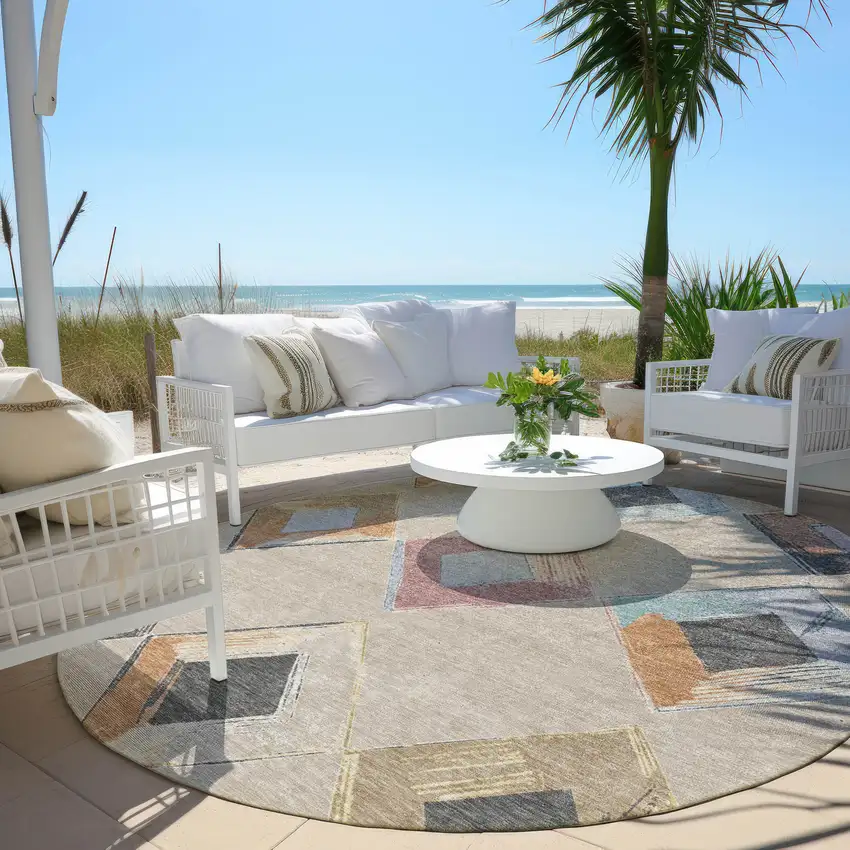 8' Beige Mauve And Charcoal Round Geometric Washable Indoor Outdoor Area Rug Photo 7