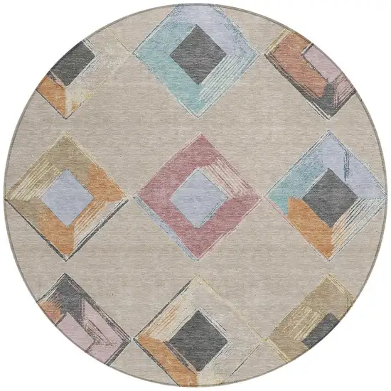 8' Beige Mauve And Charcoal Round Geometric Washable Indoor Outdoor Area Rug Photo 3
