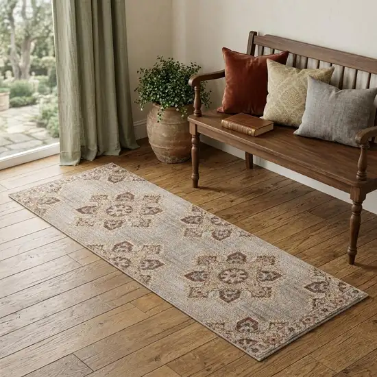 7' Beige Rust And Teal Medallion Runner Rug Photo 1