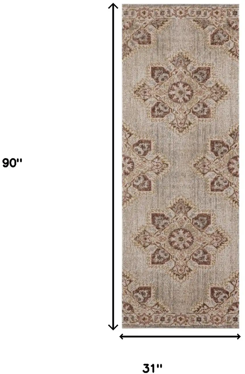 7' Beige Medallion Power Loom Runner Rug With Fringe Photo 7