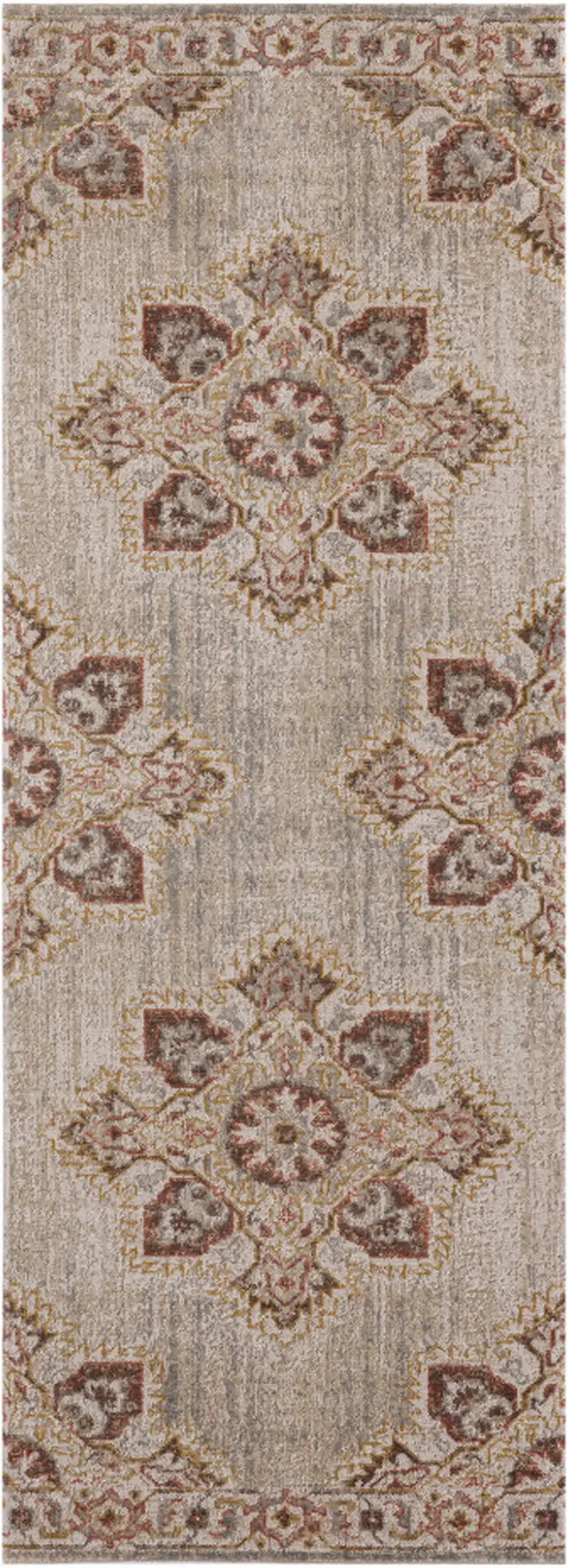 7' Beige Medallion Power Loom Runner Rug With Fringe Photo 1