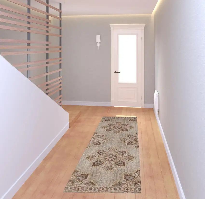 7' Beige Medallion Power Loom Runner Rug With Fringe Photo 4