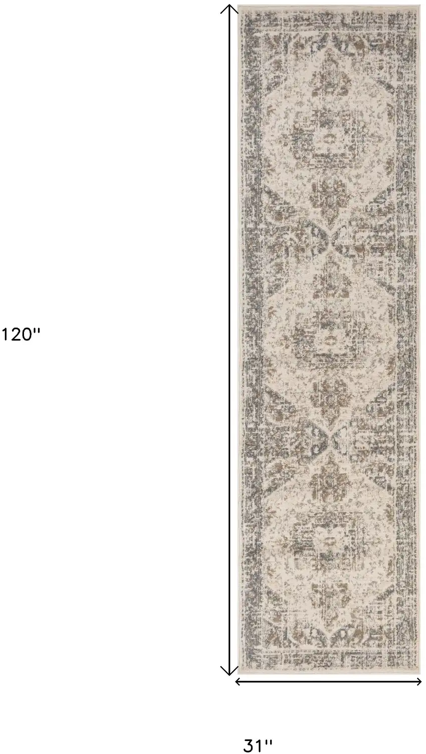 10' Beige Medallion Power Loom Runner Rug Photo 6