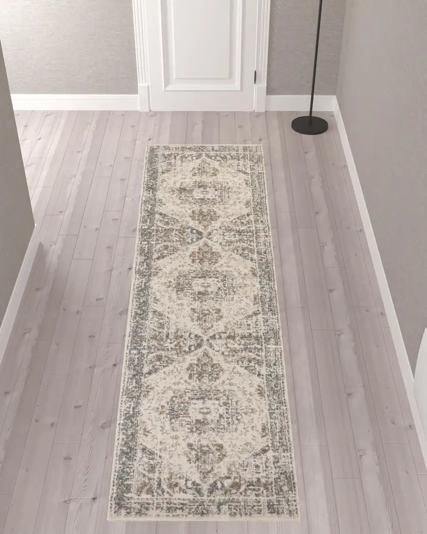 10' Beige Medallion Power Loom Runner Rug Photo 2