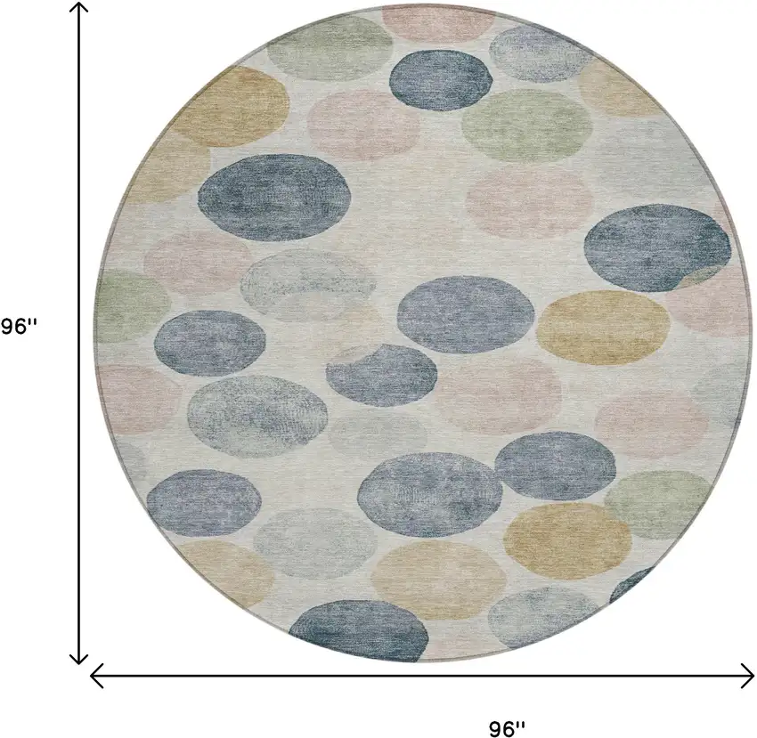 8' Beige Navy Blue And Gold Round Geometric Washable Indoor Outdoor Area Rug Photo 9