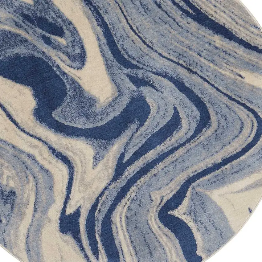 6' Beige Navy Blue And Light Blue Abstract Non Skid Round Rug Photo 6