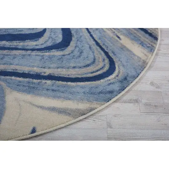 6' Beige Navy Blue And Light Blue Abstract Non Skid Round Rug Photo 6