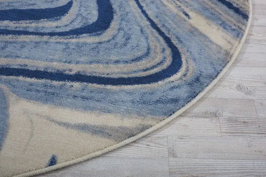 6' Beige Navy Blue And Light Blue Abstract Non Skid Round Rug Photo 6