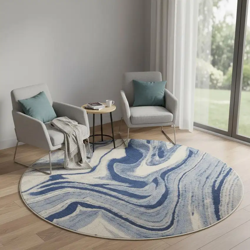 6' Beige Navy Blue And Light Blue Abstract Non Skid Round Rug Photo 1