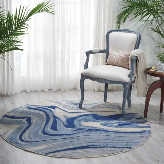 6' Beige Navy Blue And Light Blue Abstract Non Skid Round Rug Photo 5