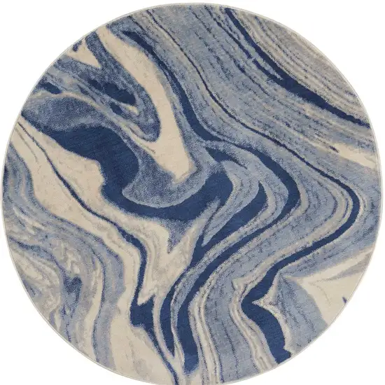 6' Beige Navy Blue And Light Blue Abstract Non Skid Round Rug Photo 2
