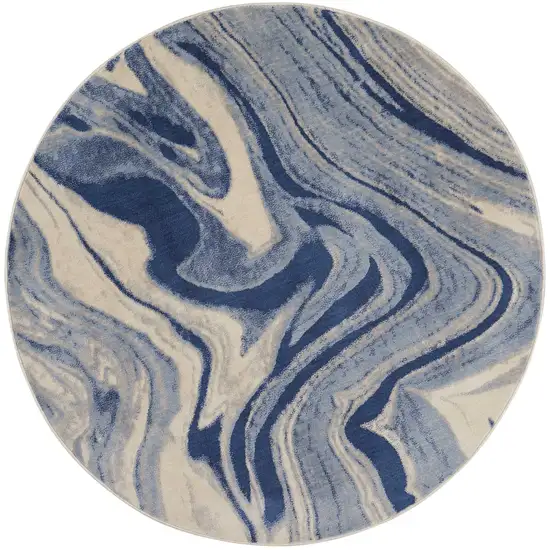 6' Beige Navy Blue And Light Blue Abstract Non Skid Round Rug Photo 4