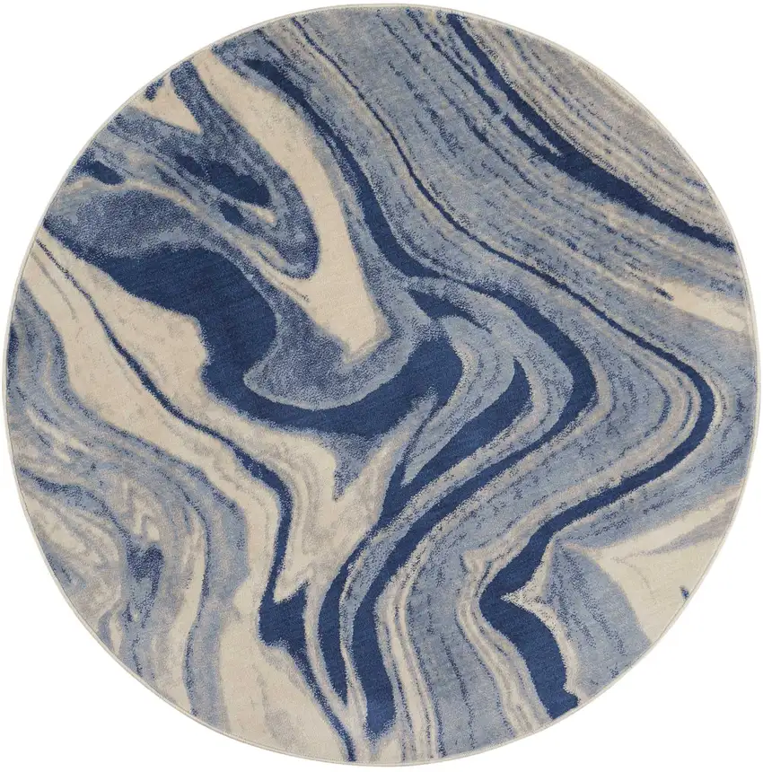 6' Beige Navy Blue And Light Blue Abstract Non Skid Round Rug Photo 4