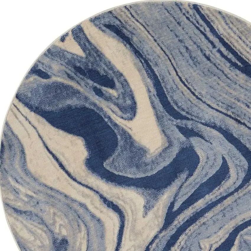 6' Beige Navy Blue And Light Blue Abstract Non Skid Round Rug Photo 3