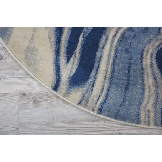 6' Beige Navy Blue And Light Blue Abstract Non Skid Round Rug Photo 8