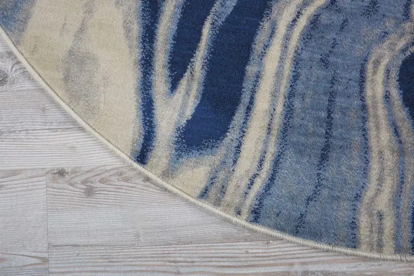 6' Beige Navy Blue And Light Blue Abstract Non Skid Round Rug Photo 8