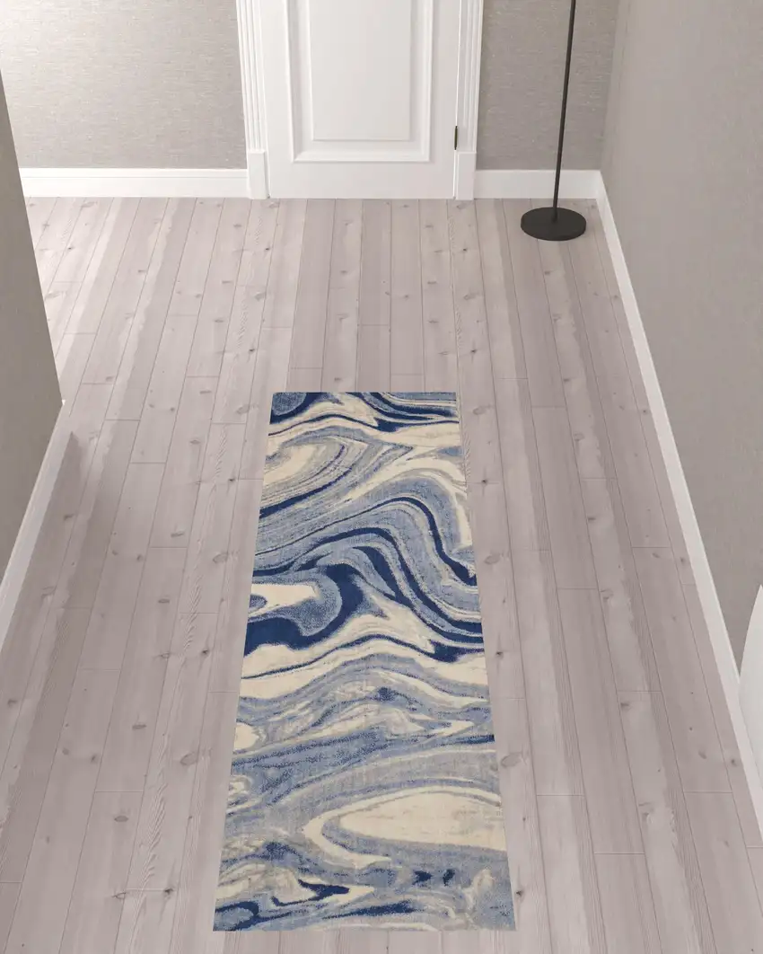 8' Beige Navy Blue And Light Blue Abstract Non Skid Runner Rug Photo 1