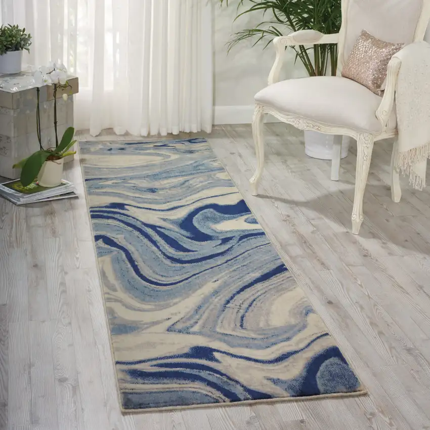 8' Beige Navy Blue And Light Blue Abstract Non Skid Runner Rug Photo 4