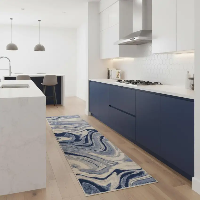 8' Beige Navy Blue And Light Blue Abstract Non Skid Runner Rug Photo 1