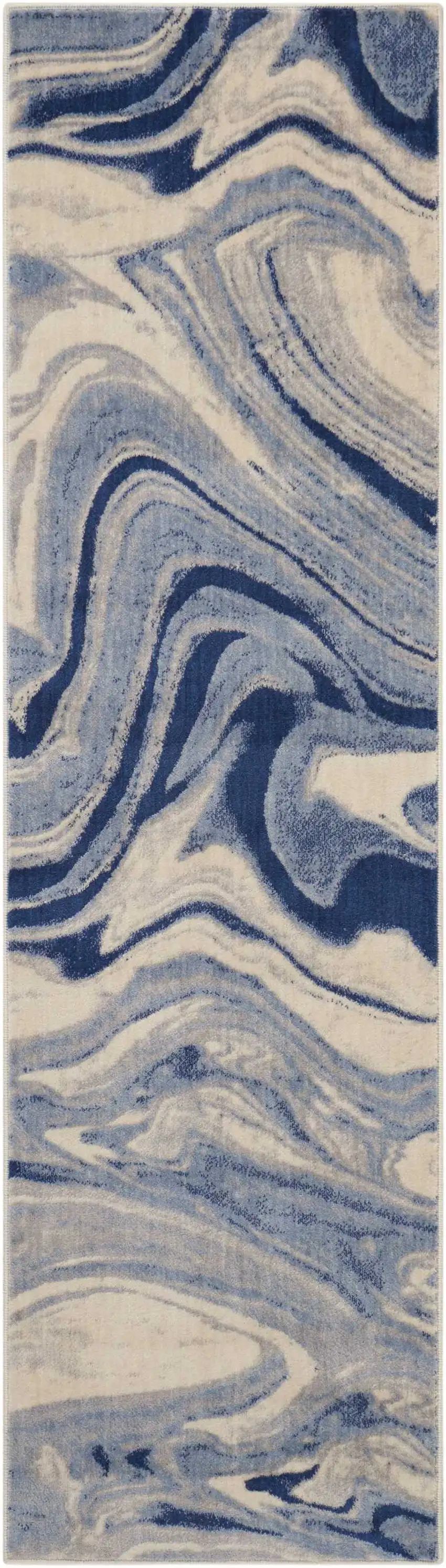 8' Beige Navy Blue And Light Blue Abstract Non Skid Runner Rug Photo 2