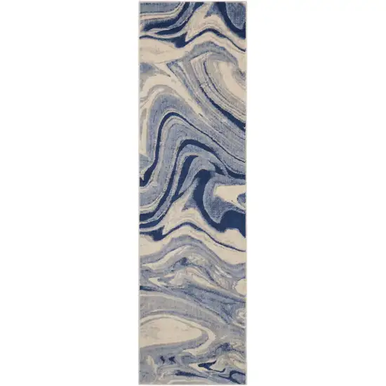 6' Beige Navy Blue And Light Blue Abstract Non Skid Runner Rug Photo 2