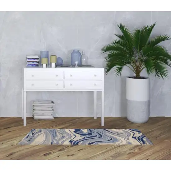 6' Beige Navy Blue And Light Blue Abstract Non Skid Runner Rug Photo 1