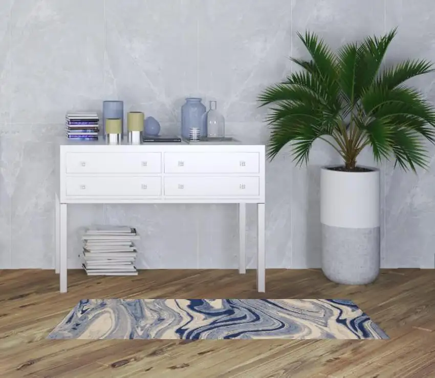 6' Beige Navy Blue And Light Blue Abstract Non Skid Runner Rug Photo 1