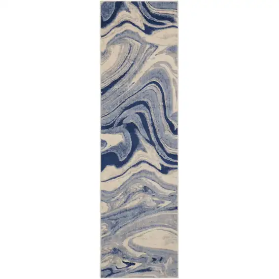 6' Beige Navy Blue And Light Blue Abstract Non Skid Runner Rug Photo 7