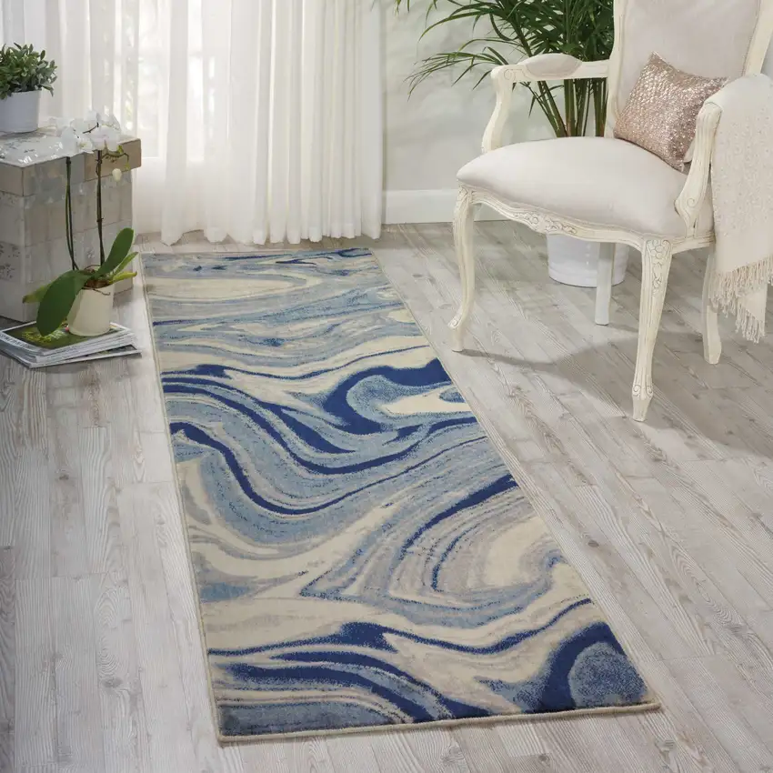 6' Beige Navy Blue And Light Blue Abstract Non Skid Runner Rug Photo 4
